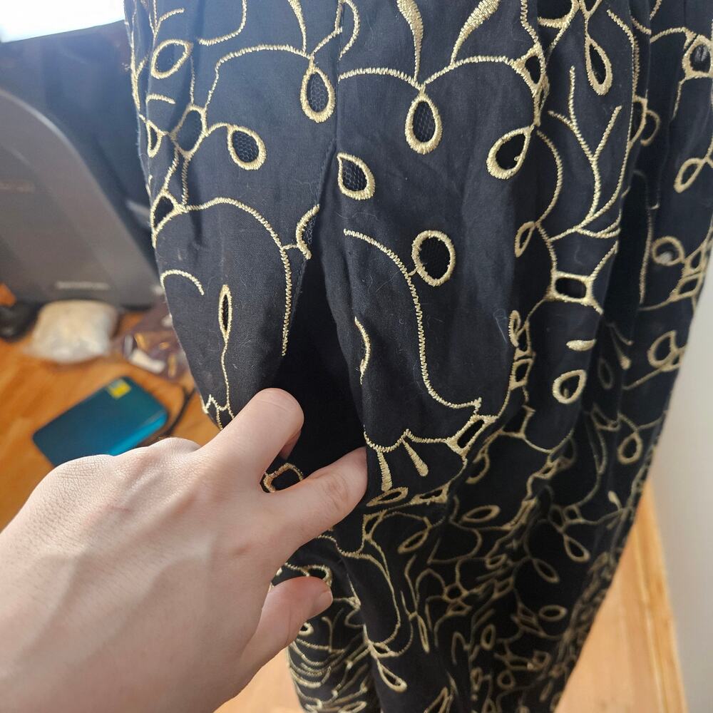 Maeve Anthropologie Black Gold Embroidered Midi Dress Spaghetti Strap M - Picture 3 of 10